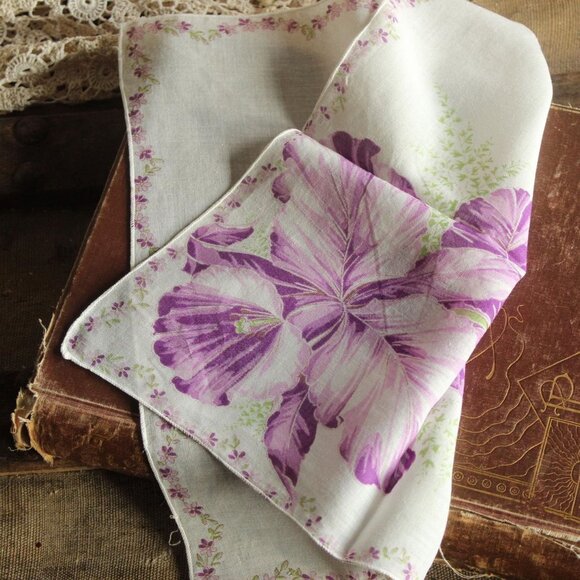 Vintage 1950s Handkerchief, Iris Purple Flower Print Cotton Hankie - Picture 13 of 15